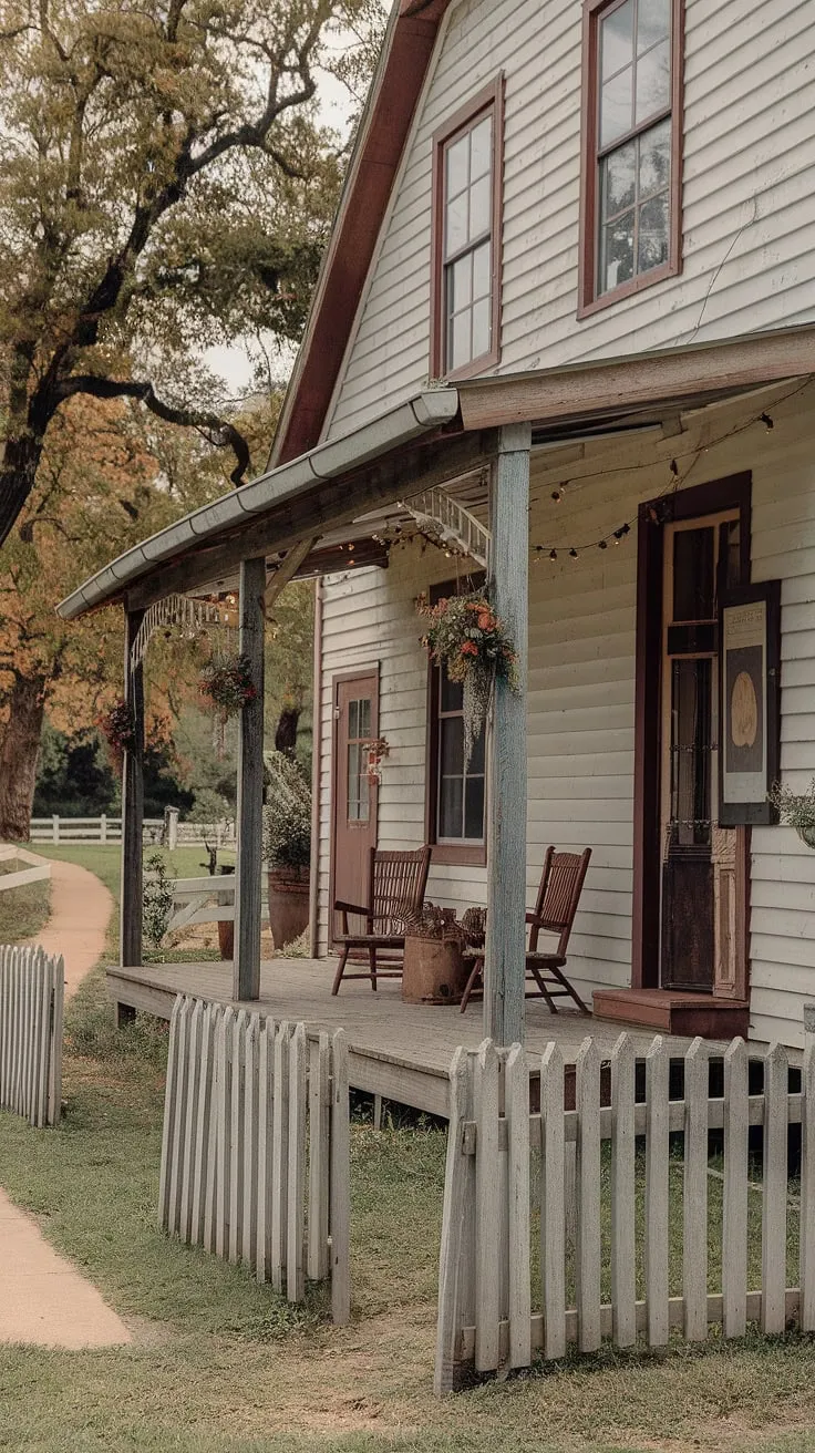 Step back in time at this charming vintage farmhouse, where rustic decor and a welcoming porch create the perfect A-frame for relaxation. The white picket fence and tree-lined pathway add to its idyllic charm.