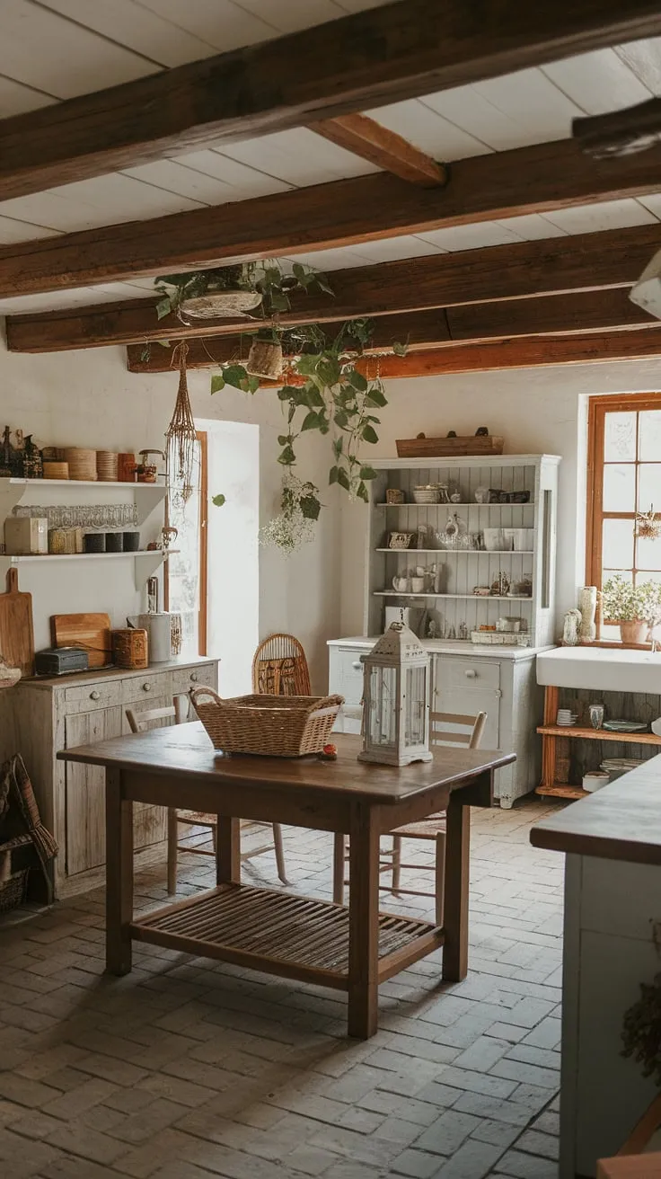 Step back in time in this charming farmhouse kitchen, where rustic wooden beams meet cozy white walls and a brick floor. The warm glow of the lantern on the wooden table, surrounded by simple yet beautiful decor, creates an atmosphere of peaceful country living. A perfect blend of vintage charm and modern comfort.
