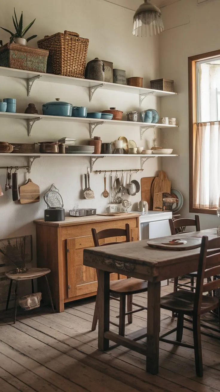 Sunlight streams through the window, illuminating the warmth of this vintage farmhouse kitchen. The rustic charm, filled with the comforting scent of home-cooked meals and the gentle clinking of A well-loved collection of pottery, creates a space where memories are made.