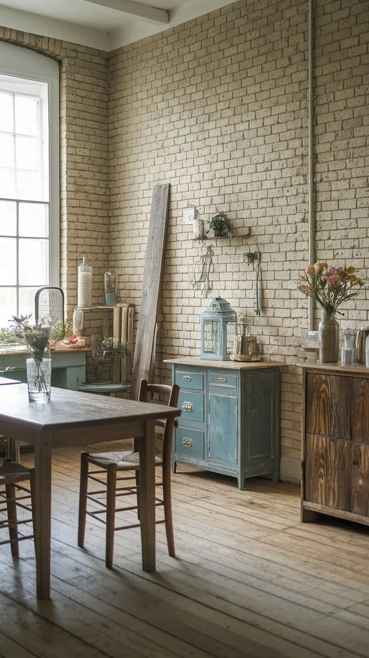 This vintage farmhouse kitchen, with its a beautifully aged wooden floors and exposed brick, whispers stories of simpler times. A rustic wooden table, adorned with wildflowers and a flickering lantern, invites you to linger and savor the peaceful atmosphere. It's a space where memories are made, and the heart feels truly at home.