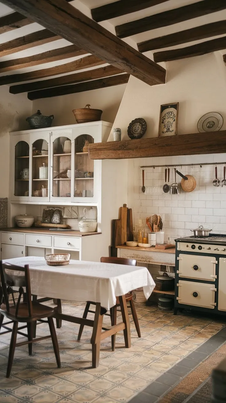 This rustic farmhouse kitchen is a dream come true. A beautiful blend of old and new, the white cabinets and vintage stove are perfectly balanced by the exposed wooden beams and charming decorative accents. The patterned tile floor adds a touch of whimsy, creating a space that's both functional and undeniably beautiful.