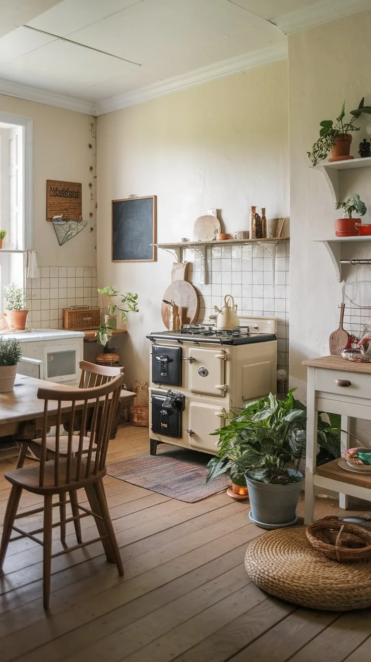 Step back in time in this charming vintage farmhouse kitchen. The rustic wooden table, antique stove, and cozy details create a space brimming with warmth and character; a perfect blend of old-world charm and modern comfort. A testament to simpler times, this kitchen whispers stories of generations past.