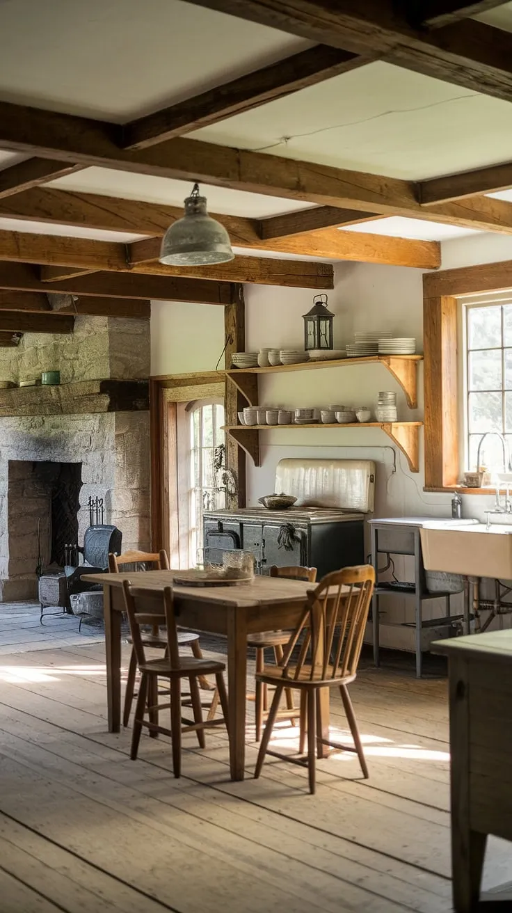 Sunlight streams through the aged windows of this vintage farmhouse kitchen, illuminating the rustic charm of exposed wooden beams, a stone fireplace, and a worn wooden table where countless stories have unfolded. The warmth of the space, enhanced by the vintage stove and simple wooden shelves, creates a feeling of home unlike any other. A perfect blend of history and comfort.
