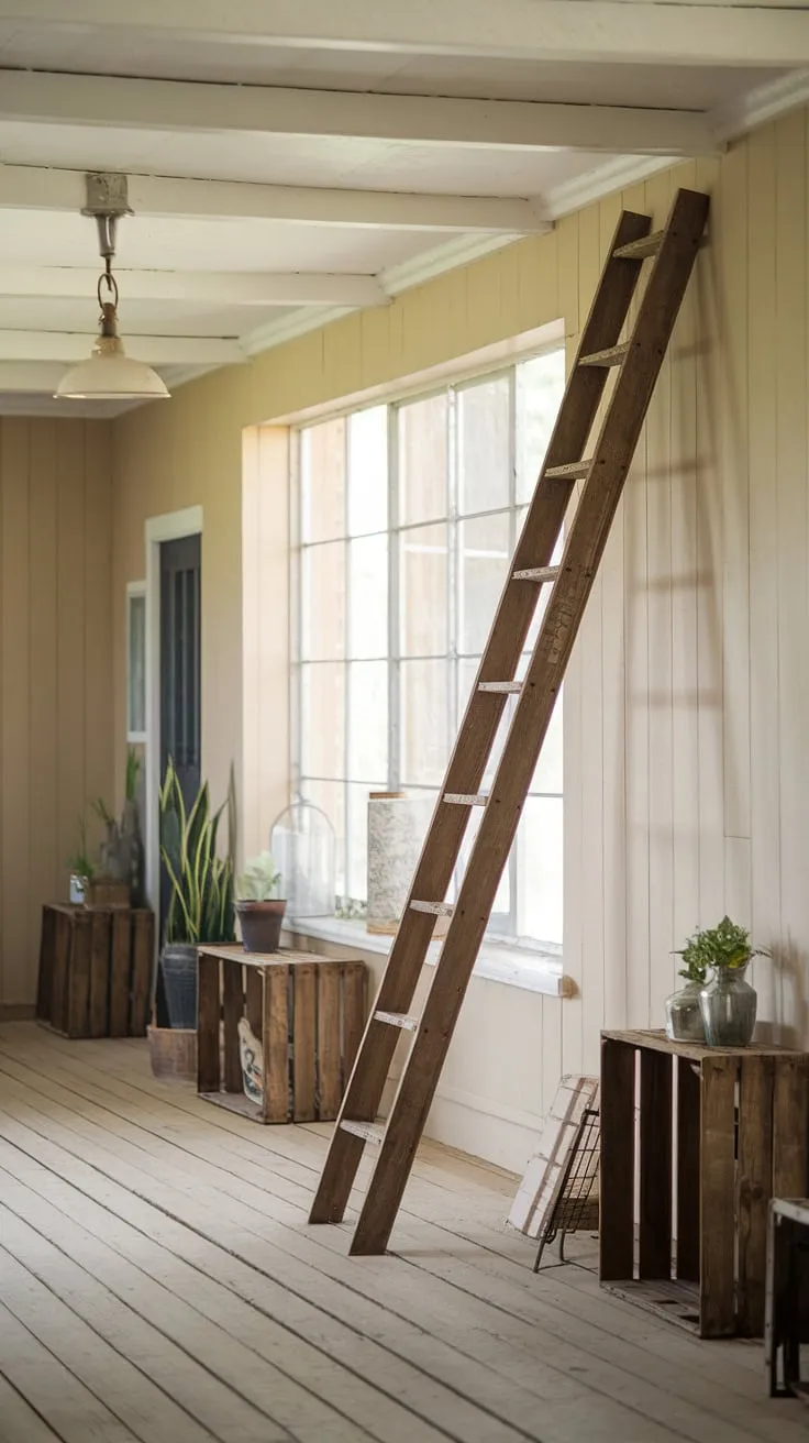 Step back in time in this charming vintage farmhouse, where rustic decor and warm lighting create a cozy atmosphere. The aged wooden floors and a simple wooden ladder add to the home's undeniable character and appeal. A testament to simpler times.