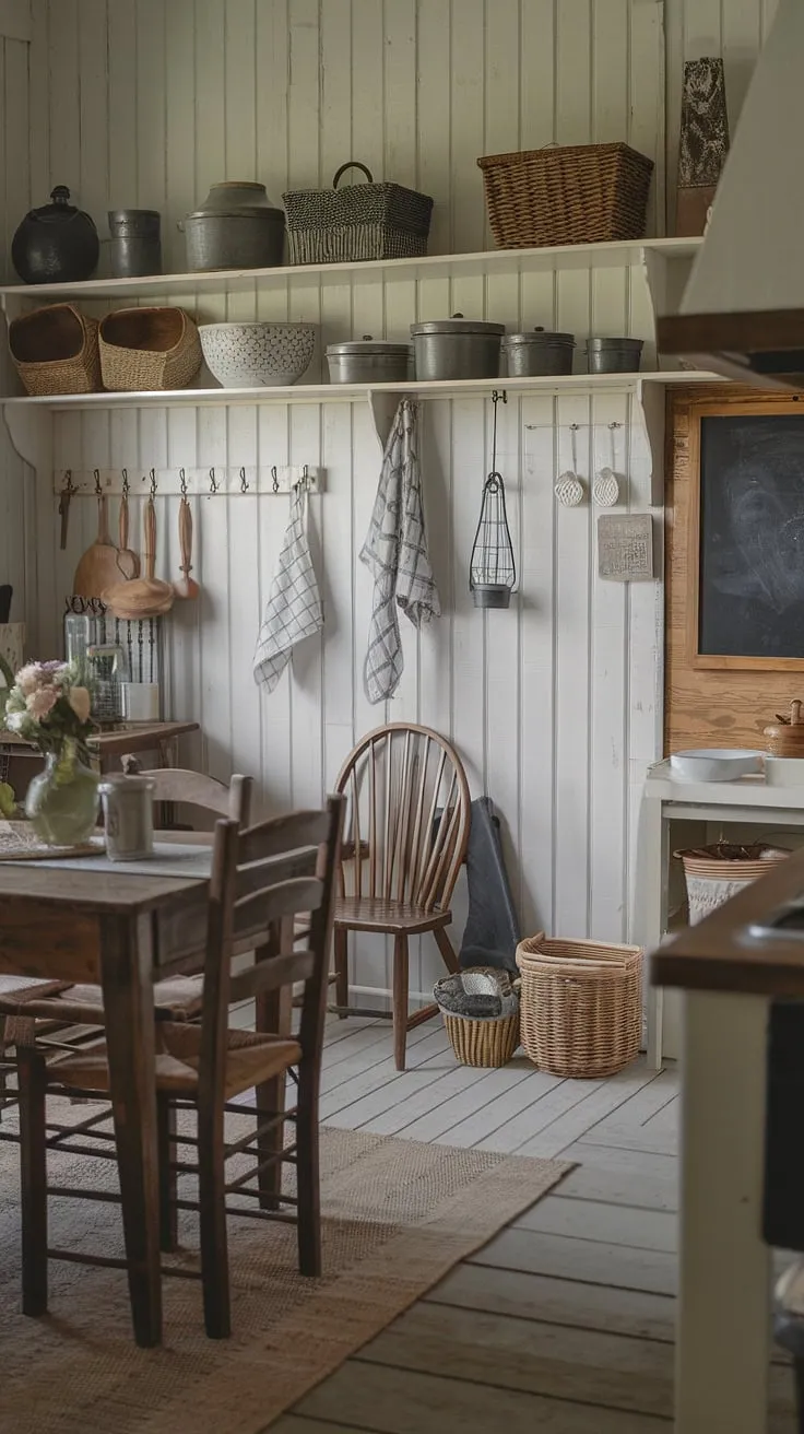 This rustic farmhouse kitchen is a haven of warmth and comfort. A collection of vintage pots and baskets sits proudly on the shelf, alongside a flickering lantern, adding to the inviting ambiance. The chalkboard and hooks offer a touch of practicality, while the wooden table and chairs beckon you to gather and share stories. A truly unforgettable space.