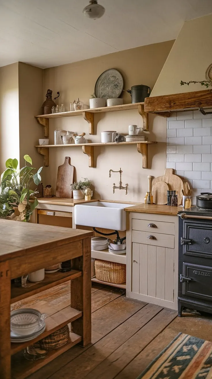 The heart of the home, this vintage farmhouse kitchen whispers stories of generations past. A rustic elegance shines through in every detail, from the aged wood floors to the perfectly placed potted plant, creating a space that's both beautiful and undeniably cozy.