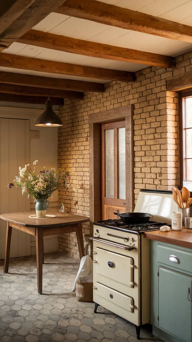 Warm sunlight streams through the window, illuminating the heart of this rustic farmhouse kitchen. The scent of wildflowers and baking bread hangs in the air, a testament to simpler times and cherished memories. A cast iron skillet sits ready on the vintage stove, promising delicious meals made with love. This is where stories are cooked up, one delicious moment at a time.