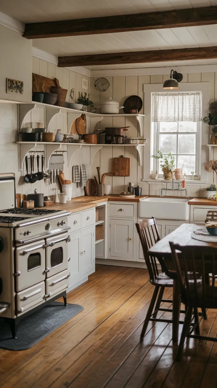 Warmth, comfort, and the scent of home-baked bread fill this vintage farmhouse kitchen. The worn wooden floors, white cabinets, and butcher block countertop tell a story of generations of family meals and cherished memories. A testament to simpler times and enduring charm.