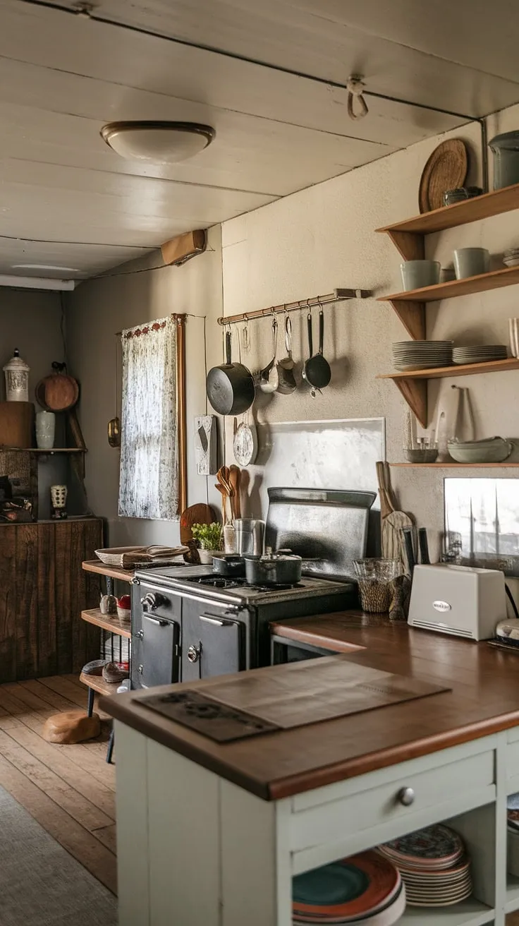 The heart of this vintage farmhouse, a rustic kitchen where generations of stories have unfolded. The scent of home-cooked meals still lingers in the air, a testament to simpler times and enduring comfort. A place where memories are made, one pot, pan, and perfectly imperfect detail at a time.