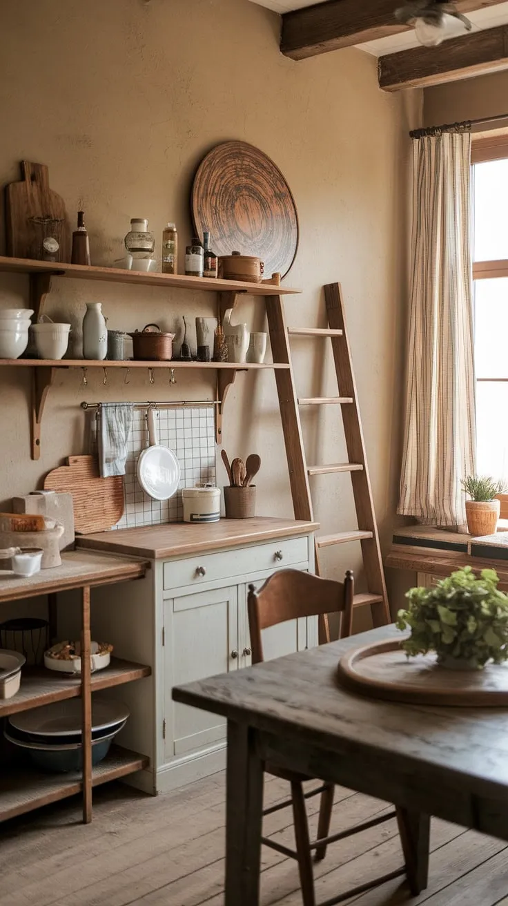 Warm light spills across the worn wooden floors of this vintage farmhouse kitchen, illuminating the rustic charm of its aged wooden shelves and white cabinetry. A simple green plant adds a touch of life to the scene, perfectly complementing the cozy atmosphere. The air is thick with the scent of home-baked goods, a testament to countless stories whispered within these walls.