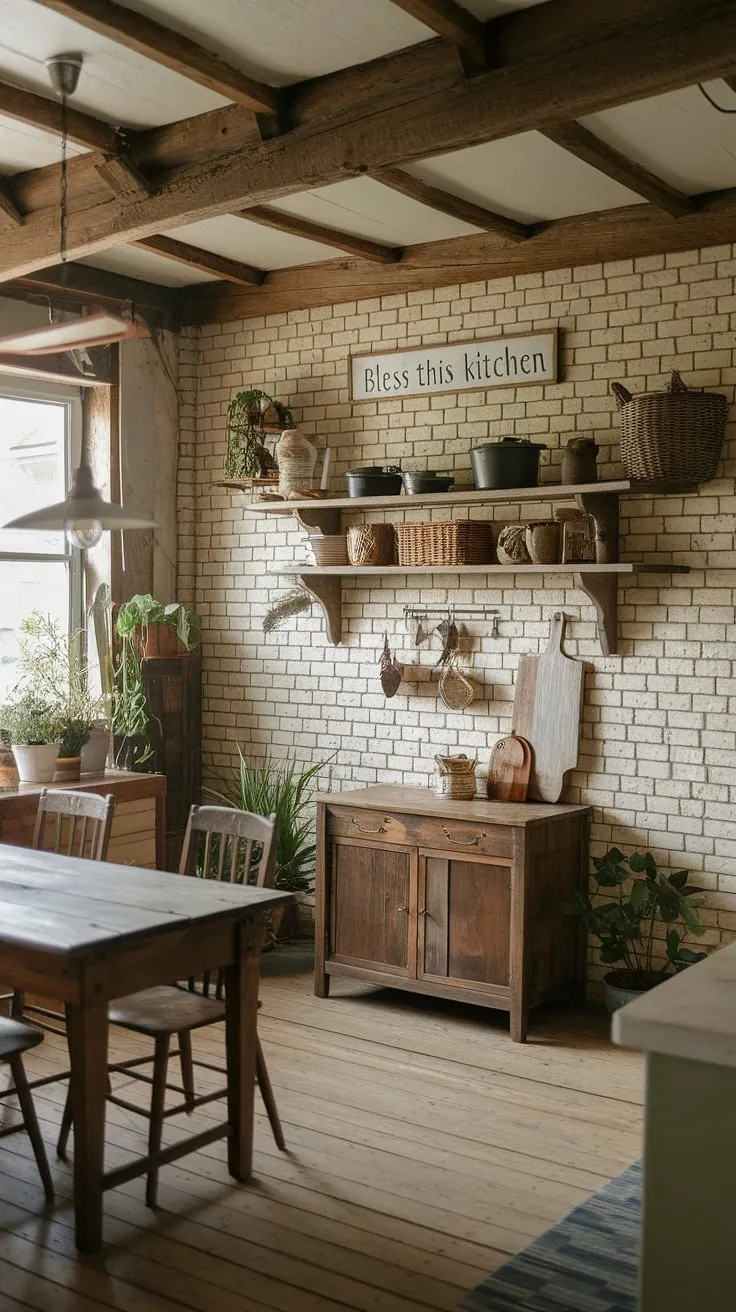 This rustic farmhouse kitchen is a haven of warmth and character. The exposed wooden beams, brick accents, and vintage details create an inviting atmosphere, while the "Bless this kitchen" sign adds a touch of heartfelt charm. A perfect blend of old-world appeal and modern comfort.