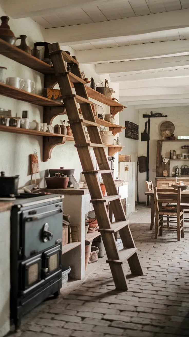 This rustic farmhouse kitchen whispers tales of simpler times. The vintage oven, wooden shelves overflowing with collected treasures, and the inviting wooden table and chairs create a space where memories are made and cherished. A true testament to the enduring beauty of a life well-lived.