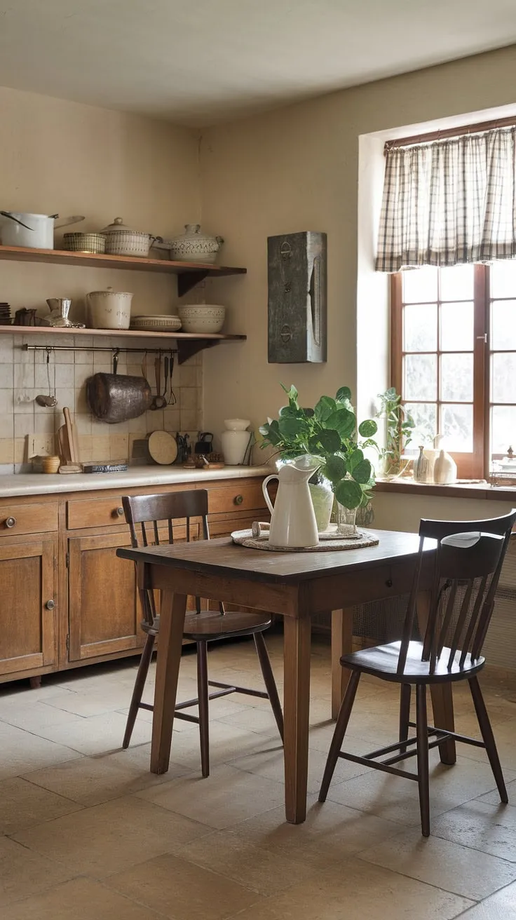 The gentle patina of time graces every surface in this vintage farmhouse kitchen. A worn wooden table, bathed in soft light, holds a simple arrangement: a white pitcher, a touch of greenery, and cherished keepsakes. It's a testament to enduring comfort and the beauty of a life well-lived.