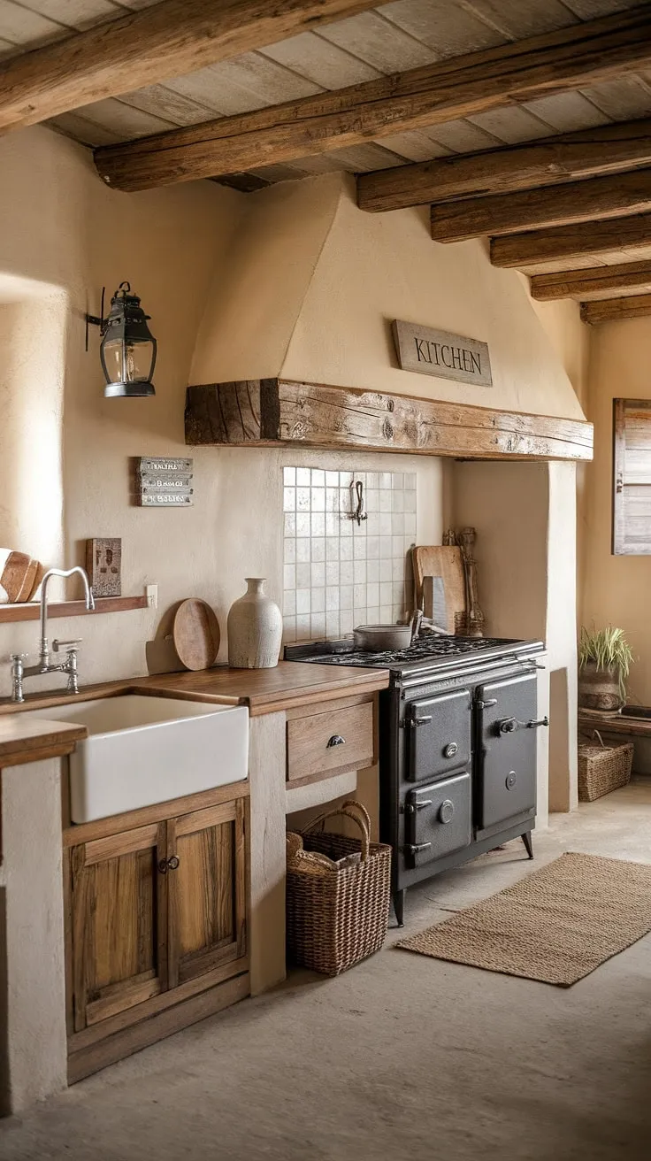 Step back in time in this charming farmhouse kitchen, where rustic wooden beams meet vintage charm. The warmth of the aged wood, the comforting scent of home-cooked meals, and the simple elegance of the décor create a space that feels both lived-in and utterly inviting. A perfect blend of old-world craftsmanship and modern comfort.