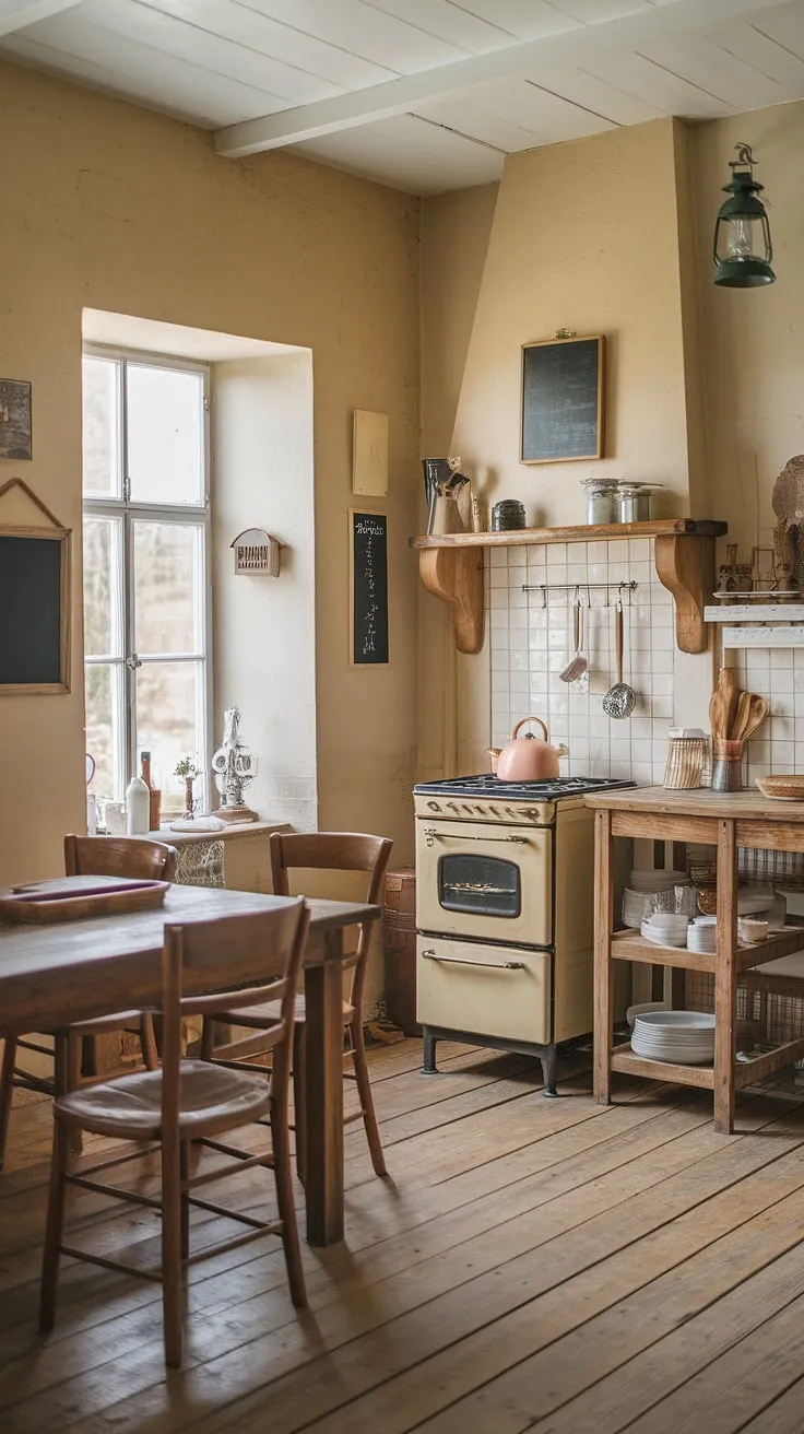 This vintage farmhouse kitchen, with its aged oven and charming wooden shelves, whispers tales of home-cooked meals and family gatherings. A chalkboard hangs ready for a new list, a lantern casts a warm glow, and the air is thick with the comforting aroma of home. A perfect haven.