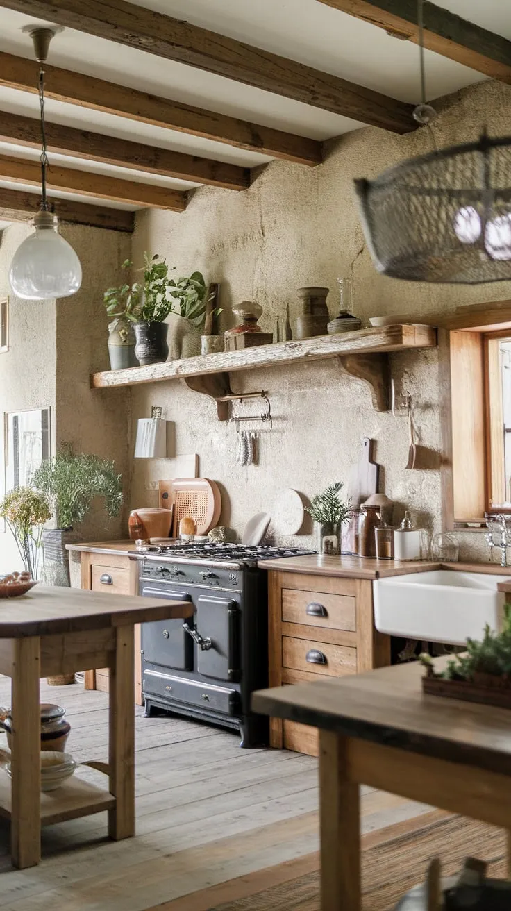 This rustic farmhouse kitchen is a testament to enduring charm. A raw, textured wall provides a stunning backdrop to the vintage stove and sink, while the wooden beams and island create a warm and inviting space. Potted plants and decorative items add personality, completing the picture of a home filled with character and history. A truly captivating space.