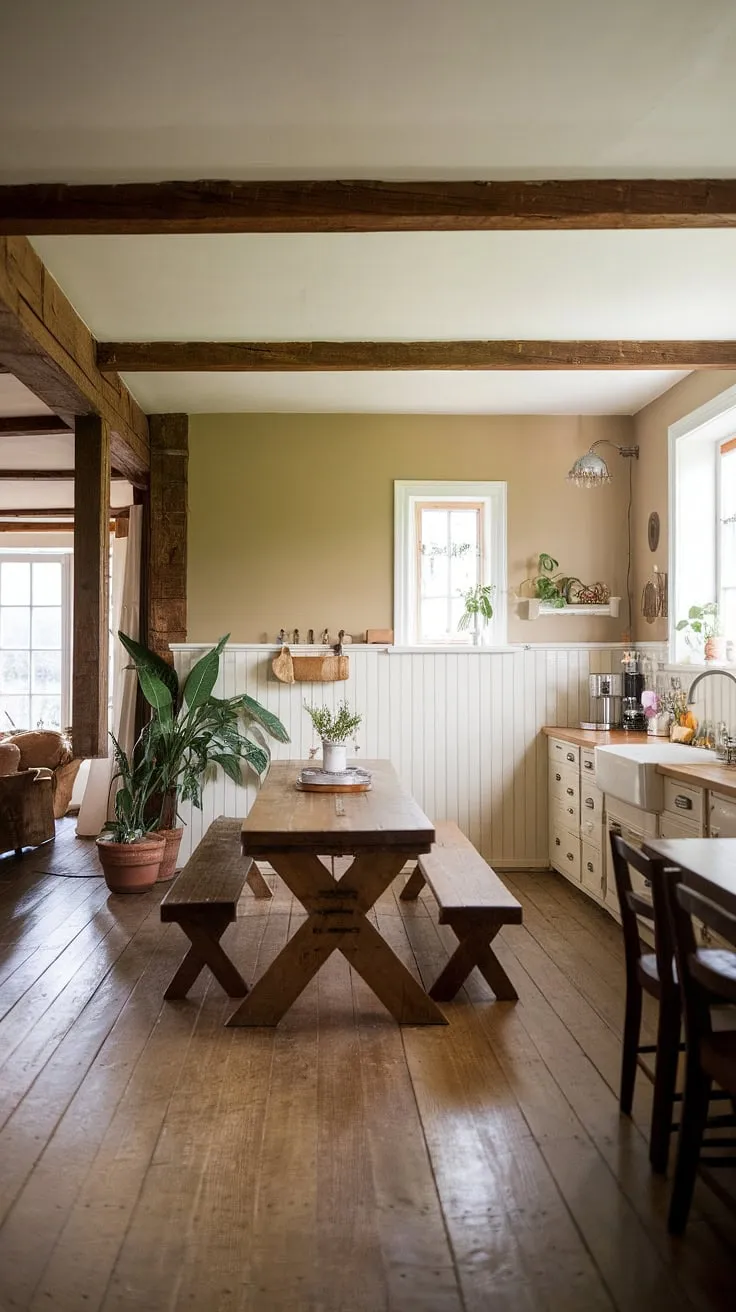 Step back in time in this charming vintage farmhouse, where rustic wooden beams and a cozy living space create the perfect blend of country comfort and timeless elegance. The heart of the home, a spacious kitchen with a large wooden table, invites you to linger and savor life's simple pleasures. A peaceful retreat awaits.