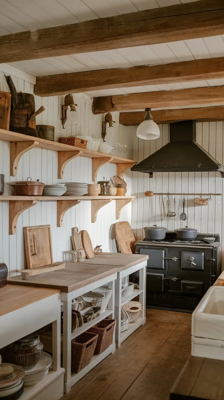 A cozy haven where culinary adventures unfold. This rustic farmhouse kitchen, with its charming wooden shelves brimming with vintage treasures and a hardworking black range hood, whispers tales of generations past. The aged wood and cast iron create a comforting ambiance, a place where memories are made and delicious meals are shared.