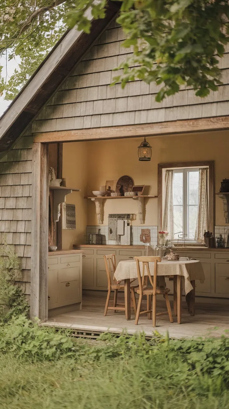 Step inside this charming vintage farmhouse, where rustic details and a warm, inviting atmosphere create the perfect blend of old-world charm and modern comfort. The beige walls and wooden floors, complemented by the rustic kitchen table and shelves, tell a story of simpler times. A sense of peace and tranquility permeates every corner of this idyllic retreat.