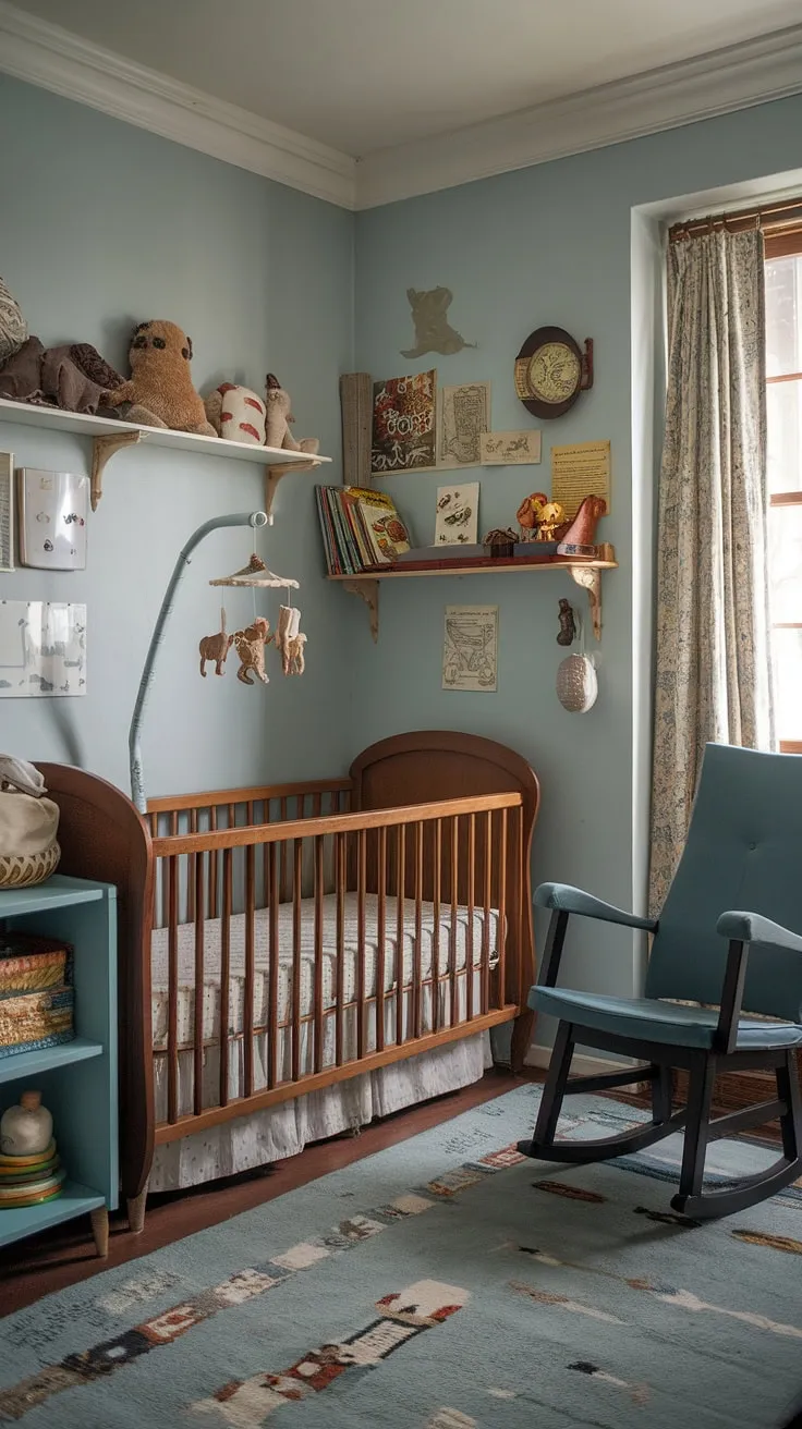 This light blue haven is more than just a nursery; it's a sanctuary of childhood dreams. The vintage crib, cozy rocking chair, and playful shelves overflowing with books and toys tell a story of simpler times, filled with the sweet sounds of lullabies and the gentle sway of a loving parent. A timeless treasure.
