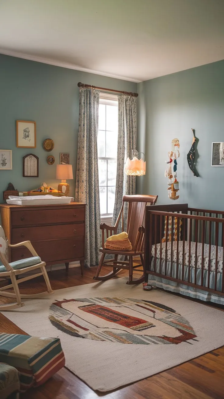 Step back in time to this charming vintage nursery, where gentle blue walls and hardwood floors cradle sweet dreams. A wooden crib, rocker, and antique dresser whisper tales of generations past, complemented by cherished toys and a whimsical mobile. A perfect haven of nostalgia.