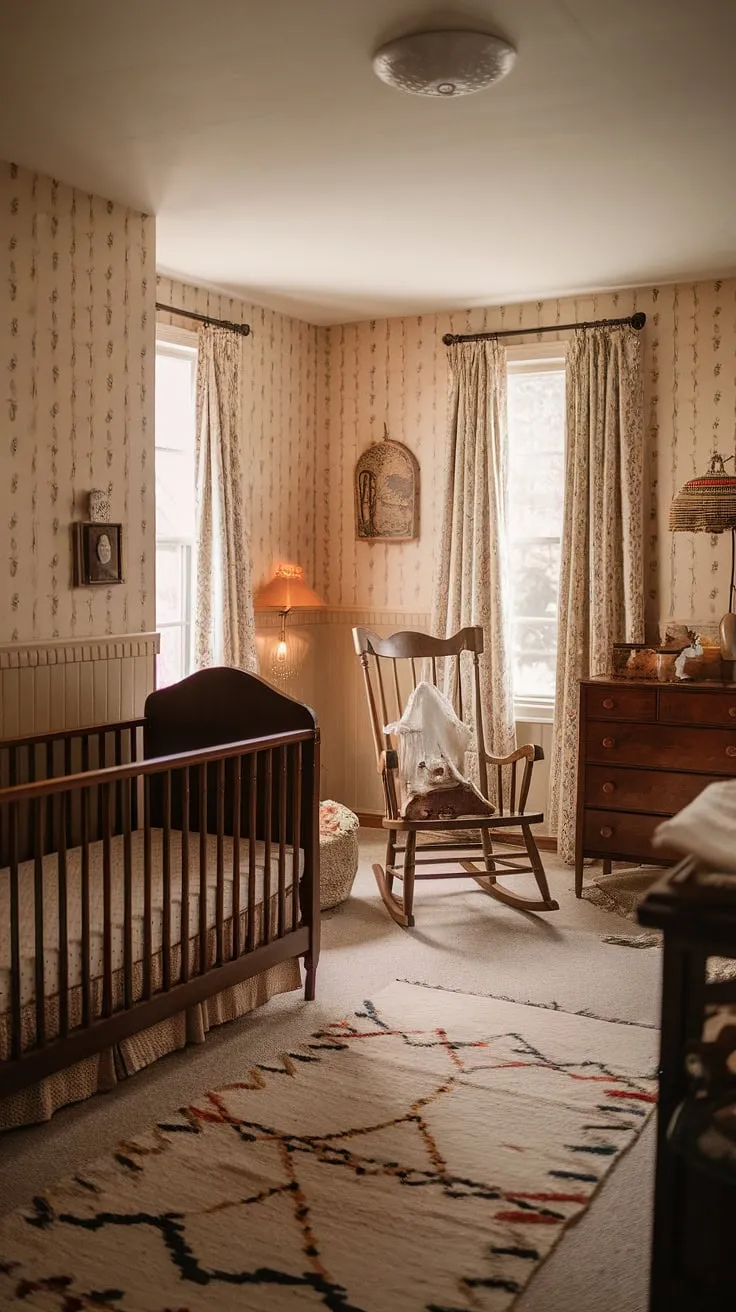 This vintage nursery is a testament to timeless elegance. A beautifully preserved wooden crib, a worn rocking chair, and delicate wallpaper create a space brimming with warmth and nostalgia. A truly enchanting room for a precious child.