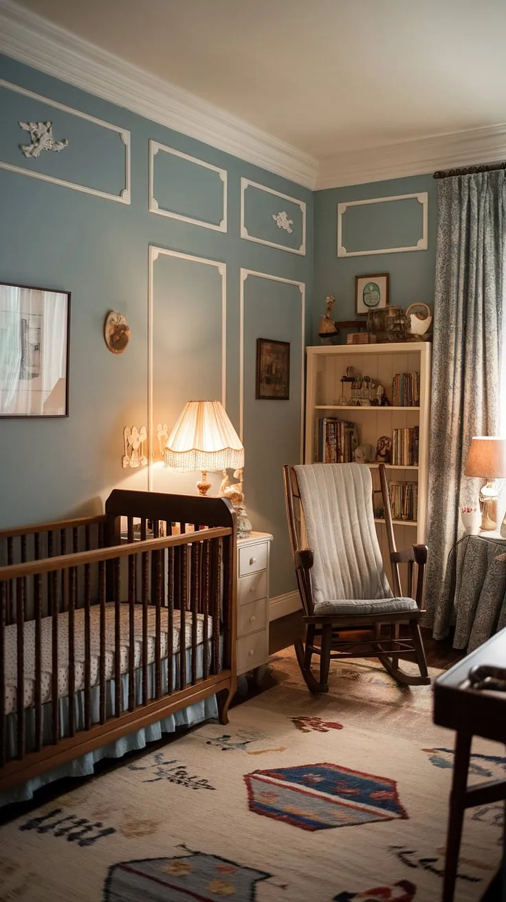 This lovingly curated vintage kid's room evokes a sense of nostalgia and warmth. The soft blue walls, detailed woodwork, and antique crib create a serene atmosphere, perfect for nurturing a child's imagination. Every detail, from the rocking chair to the vintage lamp, contributes to the room's timeless charm and cozy ambiance.