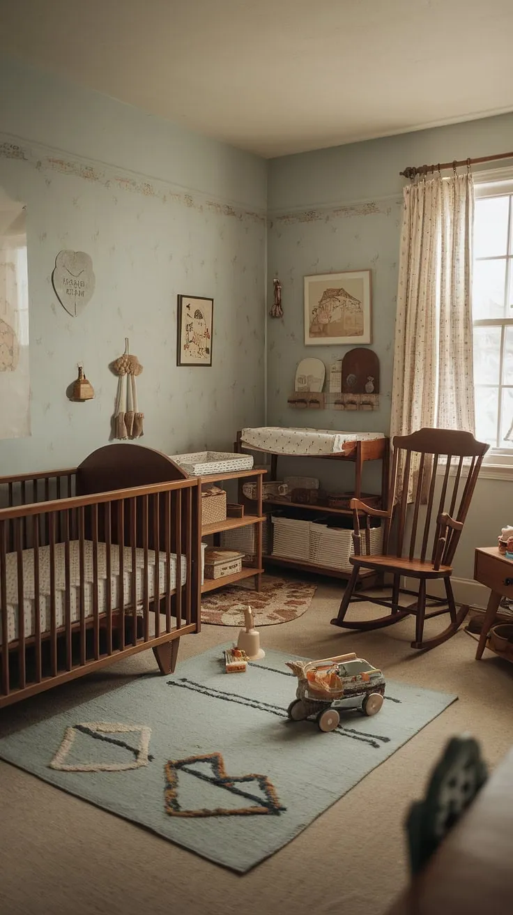 Step back in time to this charming vintage nursery, where gentle rocking chairs lull little ones to sleep in a wooden crib, surrounded by cherished toys and a calming light blue hue. The room whispers stories of generations past, a testament to simpler times and enduring love. A perfect haven for sweet dreams and cherished memories.