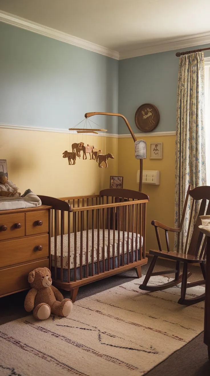 This vintage nursery is a treasure trove of childhood memories. A handcrafted wooden crib, a gently rocking chair, and a vintage dresser whisper tales of generations past. The soft blue and yellow walls, complemented by a playful wooden animal mobile, create a serene and inviting space for slumber and sweet dreams. A timeless scene of simple joy.