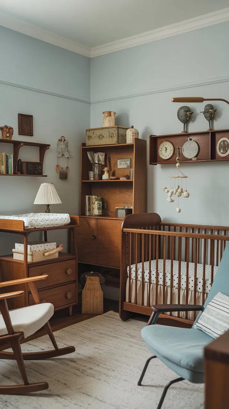 This lovingly restored vintage nursery is a testament to timeless elegance. The soft blue walls, wooden crib, and antique changing table create a serene atmosphere, while the rocking chair and vintage mobile promise countless hours of comfort and playful moments. A perfect blend of nostalgia and modern comfort, this room is a sanctuary for both parent and child.