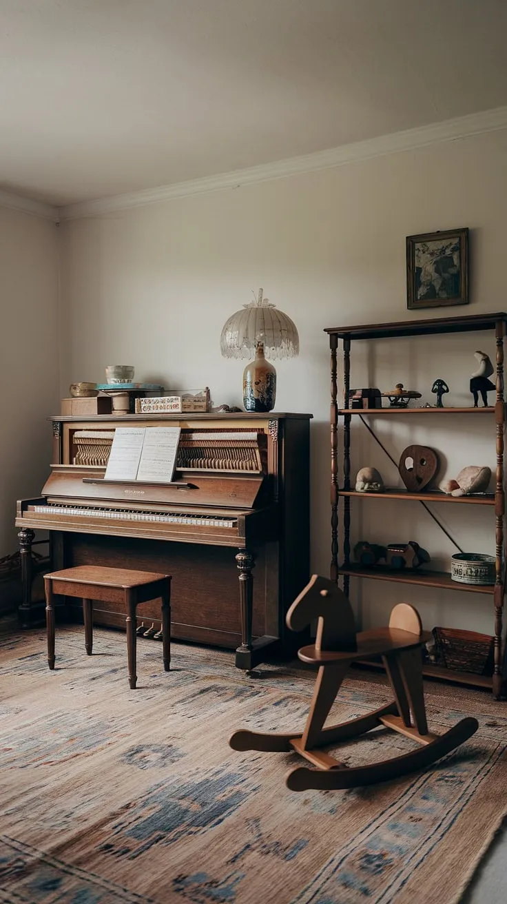 A whimsical haven of childhood dreams, where melodies dance from the baby grand piano, a vintage lamp casts a warm glow, and a rocking horse patiently awaits its next ride. The air is thick with the scent of polished wood and cherished memories.