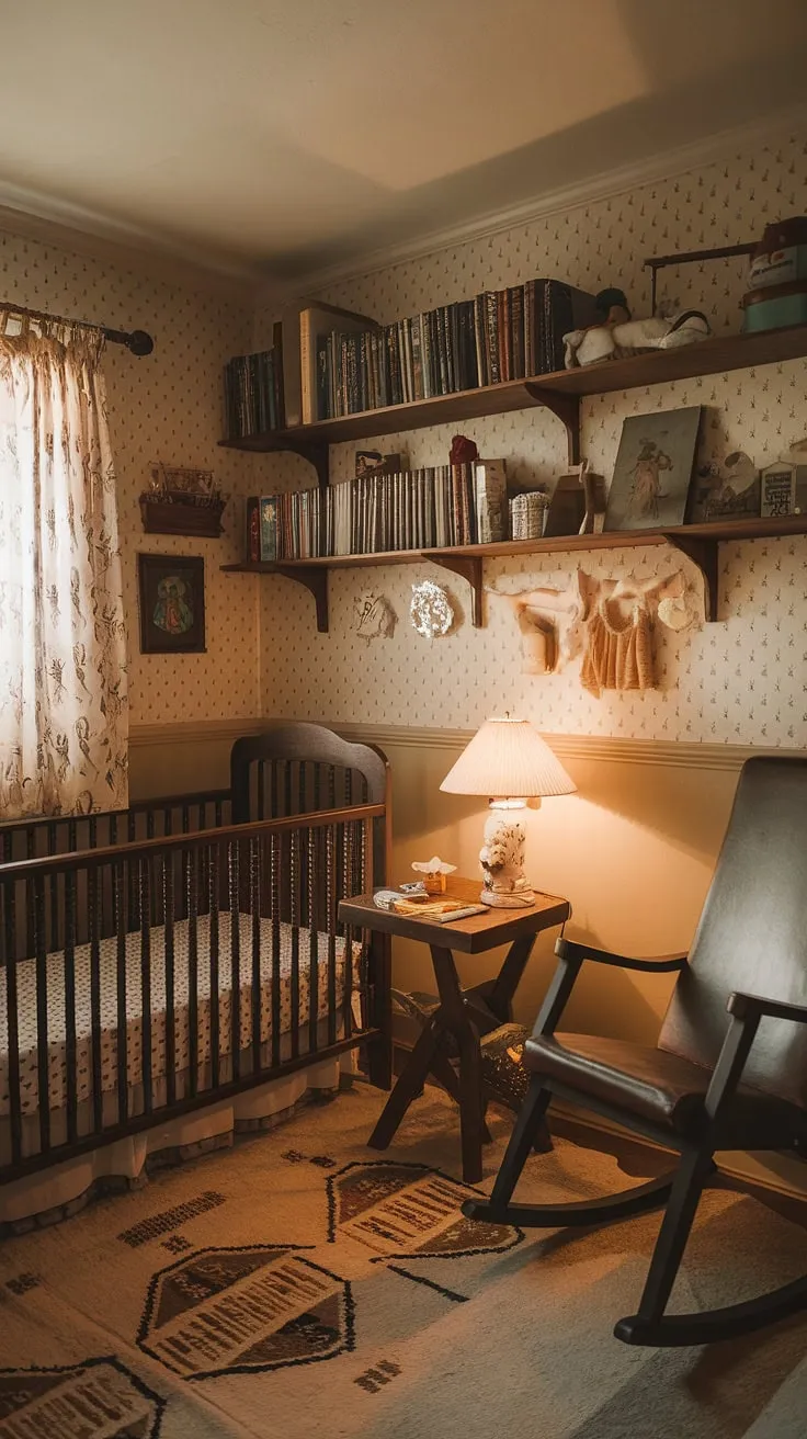 This vintage kid's room is a testament to simpler times. The aged wallpaper, the cozy rocking chair, and the soft glow of the lamp all contribute to an atmosphere of quiet contentment. A space where memories are made and cherished.
