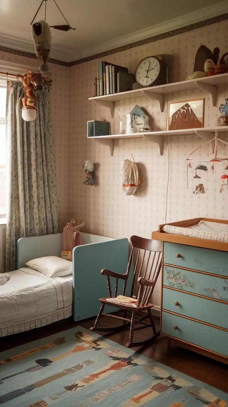 This vintage nursery, a sanctuary of calm, whispers stories of generations past. The patterned walls, the antique rocking chair, and the carefully curated shelves filled with treasured items – a lamp, a clock, a book, and a beloved toy – all contribute to an atmosphere of quiet contentment. A mobile of playful animals hangs overhead, a silent guardian of sweet dreams in this cherished space.