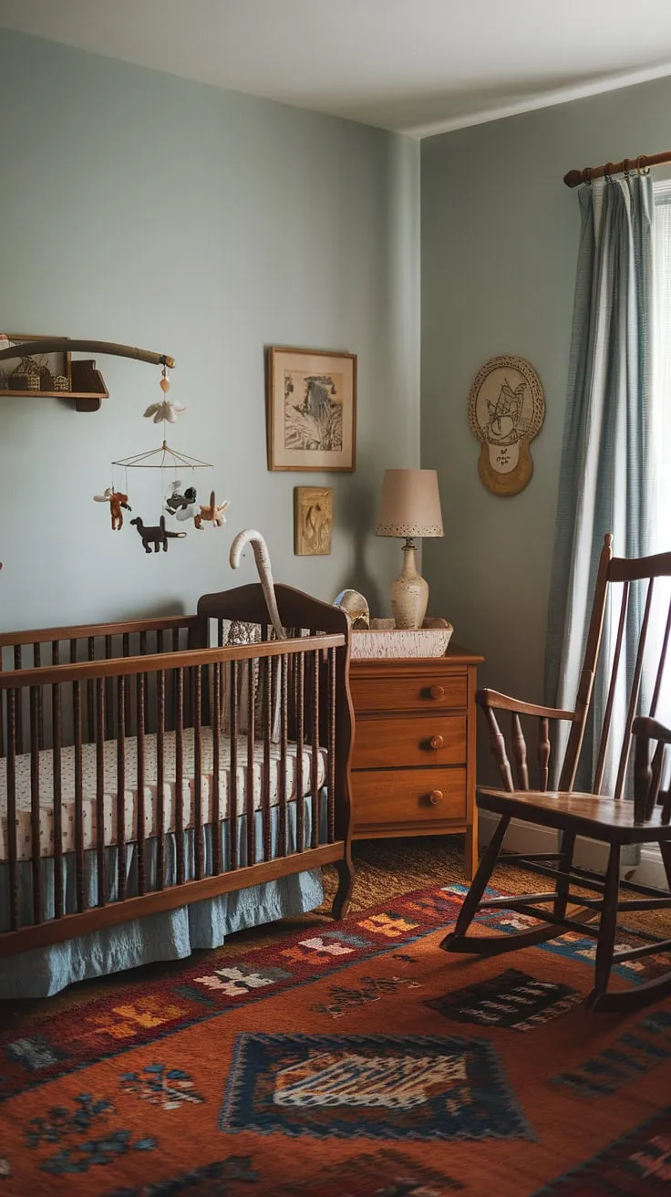 This charming vintage nursery, painted a calming soft blue, whispers tales of simpler times. The wooden crib, rocking chair, and carefully chosen details create a space filled with warmth and love, a sanctuary where precious memories are made. A gentle nightlight casts a soft glow, promising peaceful nights and happy mornings.