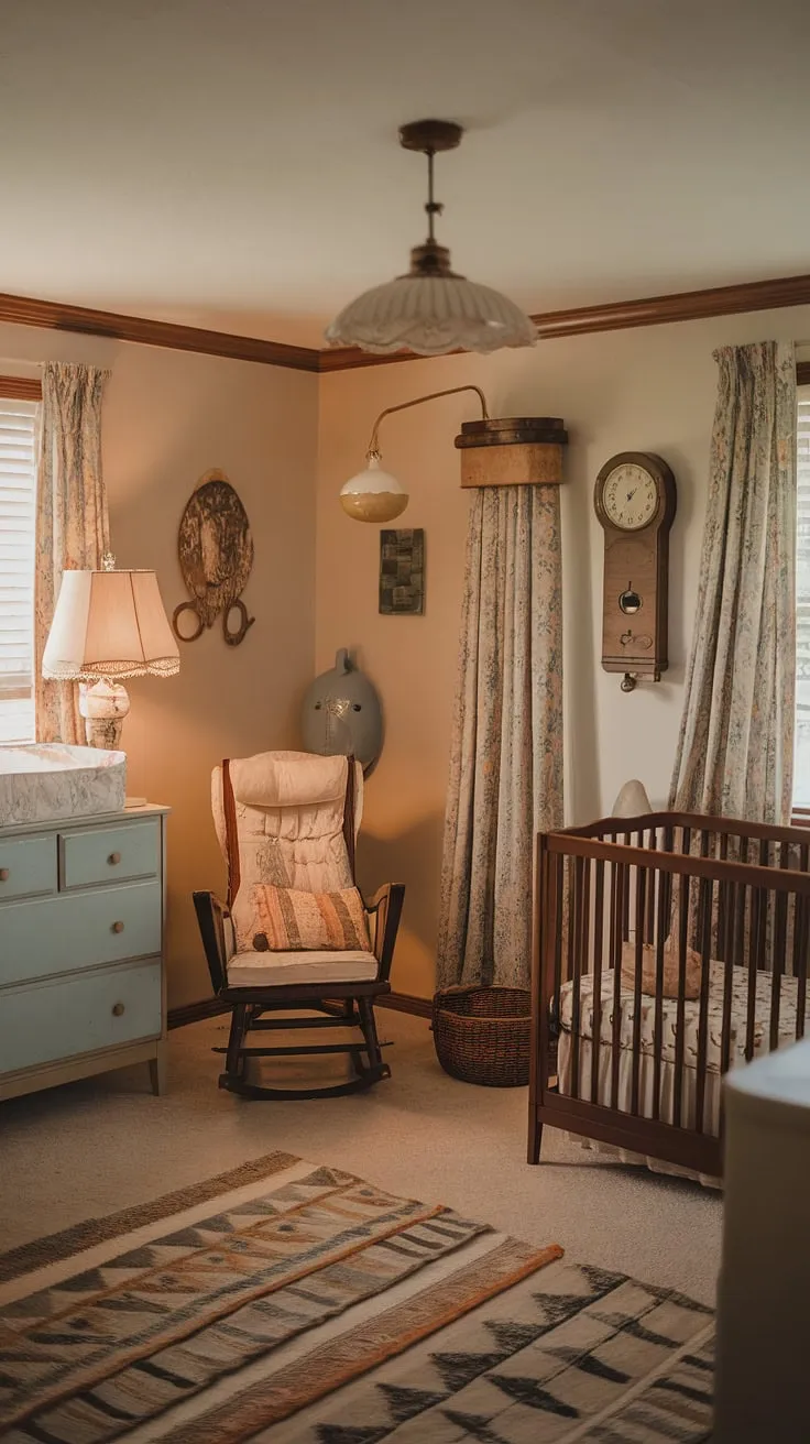 A haven of vintage charm, this nursery whispers tales of sleepy lullabies and cherished memories. The gentle glow of the vintage lamp casts a warm embrace over the crib, dresser, and rocking chair, creating a space where dreams are born.