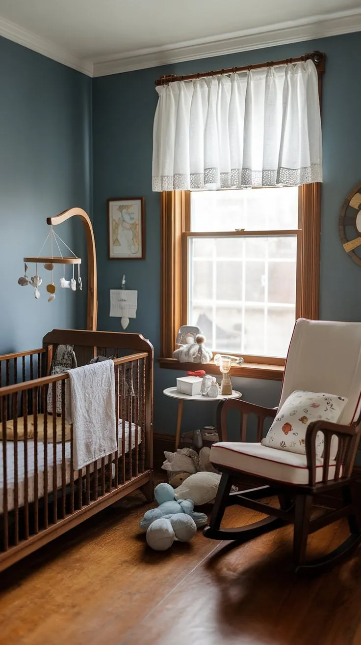 Sweet dreams are made of this: a vintage nursery bathed in soft blue light, where gentle rocking and wooden mobiles lull little ones to sleep. The air is filled with the scent of childhood, a haven of peace and quiet, a perfect space for a new beginning.
