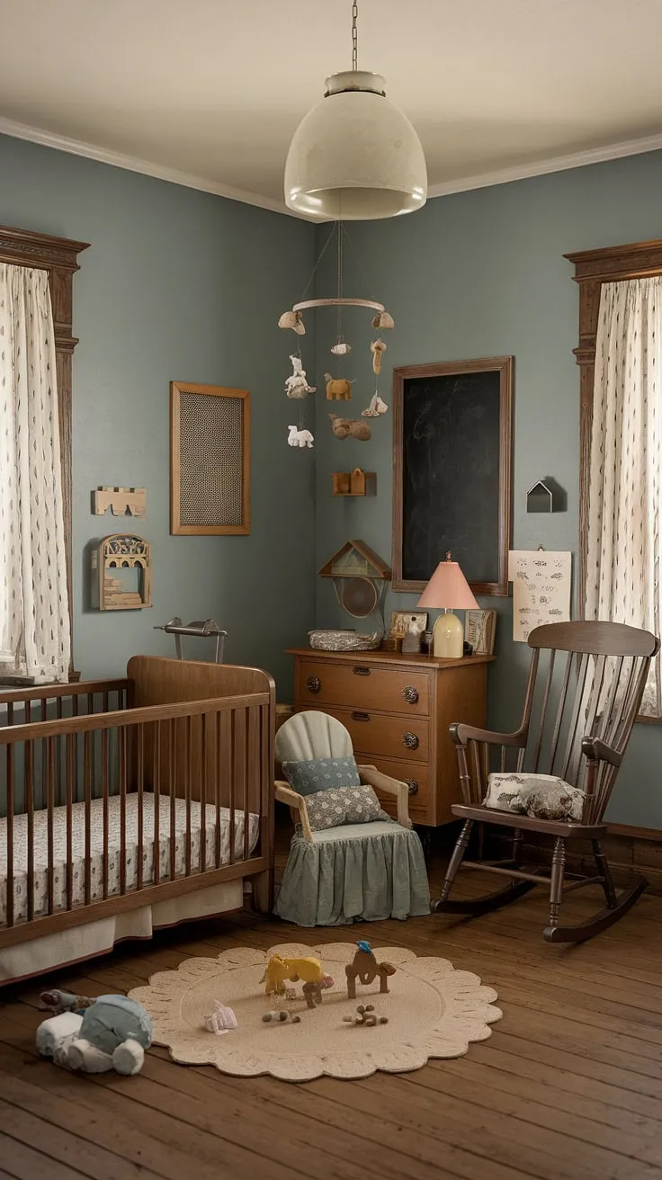 Step back in time to this charming vintage nursery, where gentle blue walls cradle sweet dreams. A wooden crib, rocking chair, and antique dresser create a haven of nostalgic comfort, perfectly complemented by playful toys and a whimsical mobile. The air is thick with the scent of childhood memories.