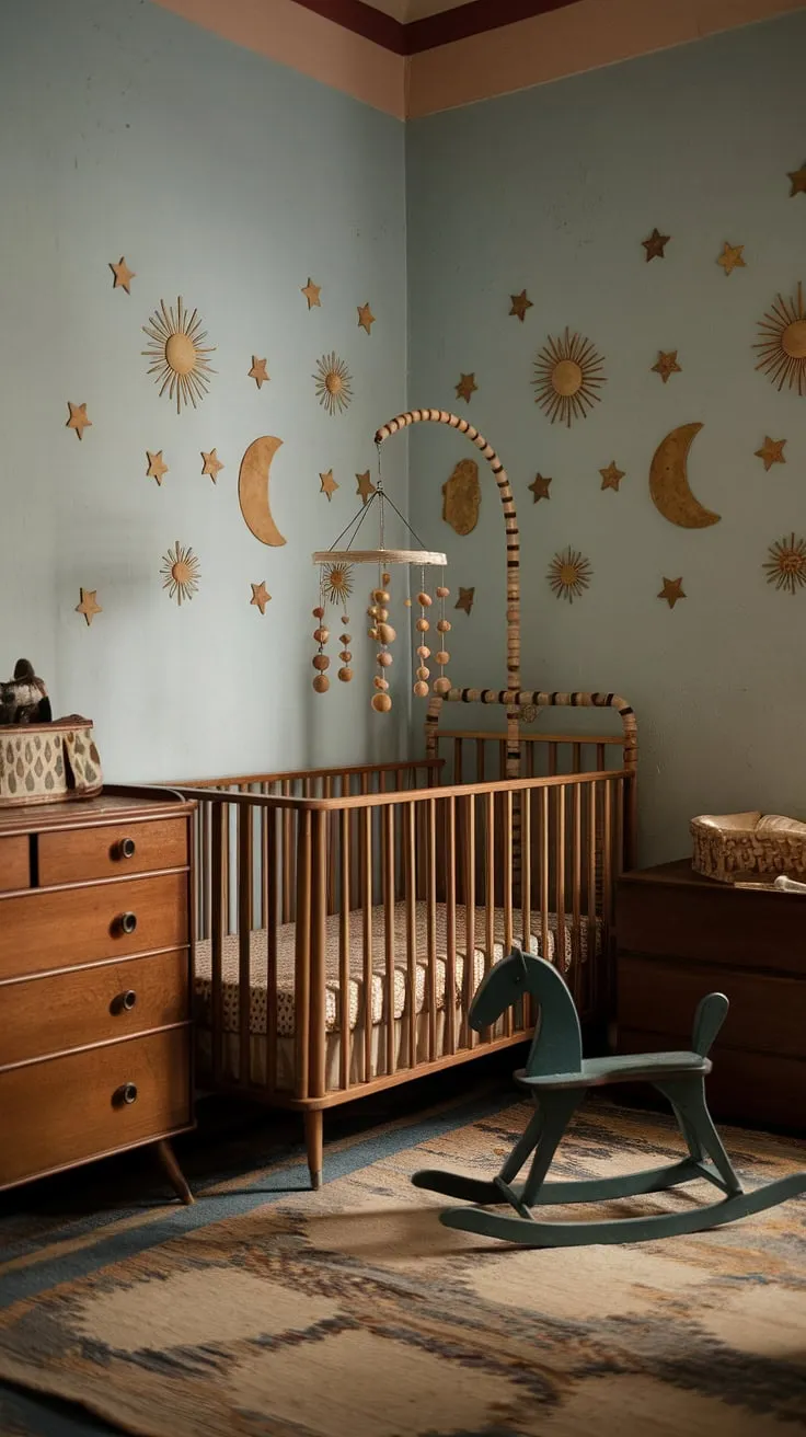 In this charming vintage nursery, a sense of calm pervades. The pale blue walls adorned with stars and moons create a peaceful haven, while the wooden crib, rocking horse, and chest of drawers whisper tales of generations past. A perfect sanctuary for slumber and sweet dreams.