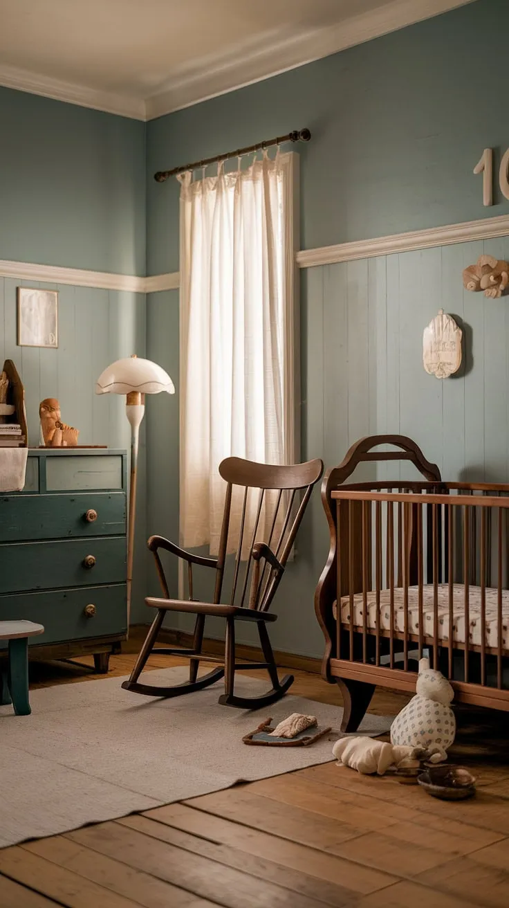 Step back in time to this charming vintage nursery, where gentle light dances on the wooden floors and a peaceful atmosphere envelops the space. The antique crib, rocking chair, and dresser create a haven of nostalgia, promising sweet dreams and cherished memories. A perfect blend of classic elegance and timeless comfort.