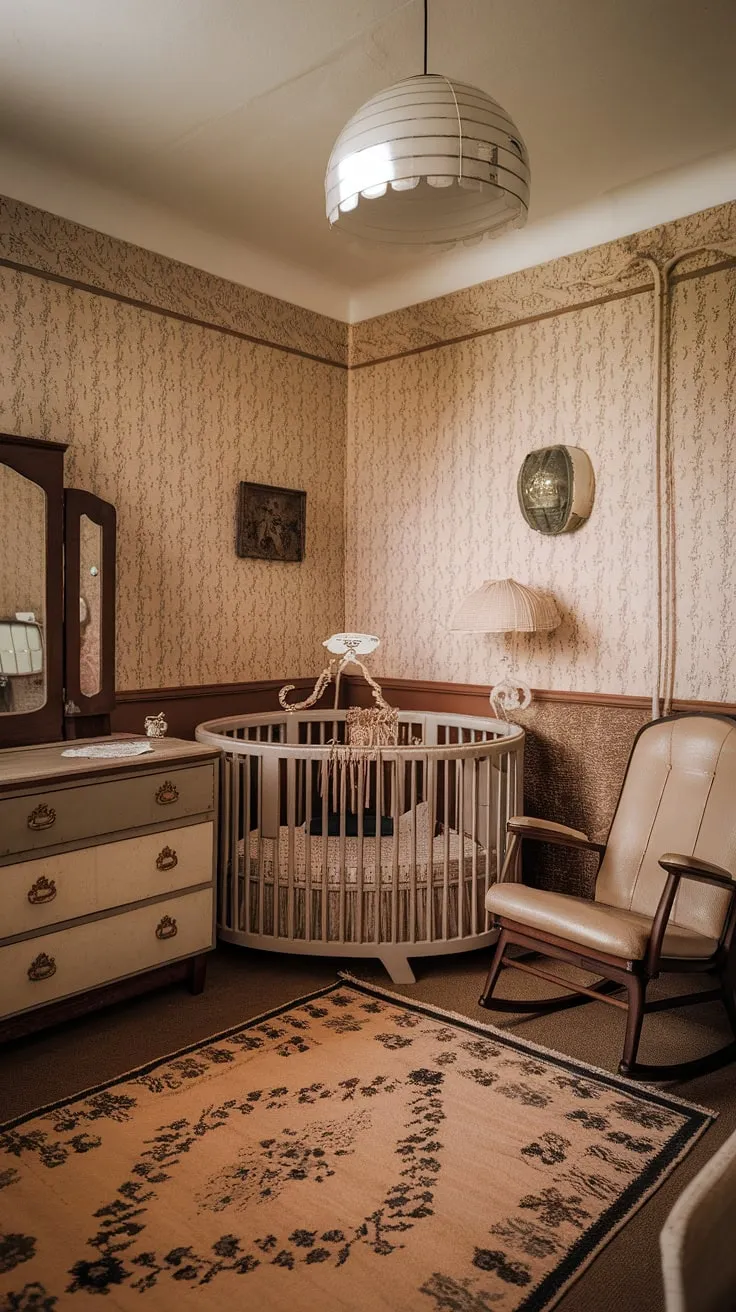 A haven of nostalgia, this vintage children's room is a testament to simpler times. The delicate floral wallpaper, the worn rocker, and the antique crib all contribute to an atmosphere of quiet comfort and enduring charm. A truly enchanting space for a little one's dreams.