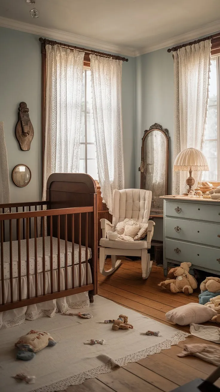 Step back in time to this serene vintage nursery, where soft blue walls and warm lighting create a haven of tranquility. The antique crib, dresser, and rocking chair whisper tales of generations past, while plush toys and a wooden toy promise sweet dreams. A sense of calm and gentle nostalgia fills the space.