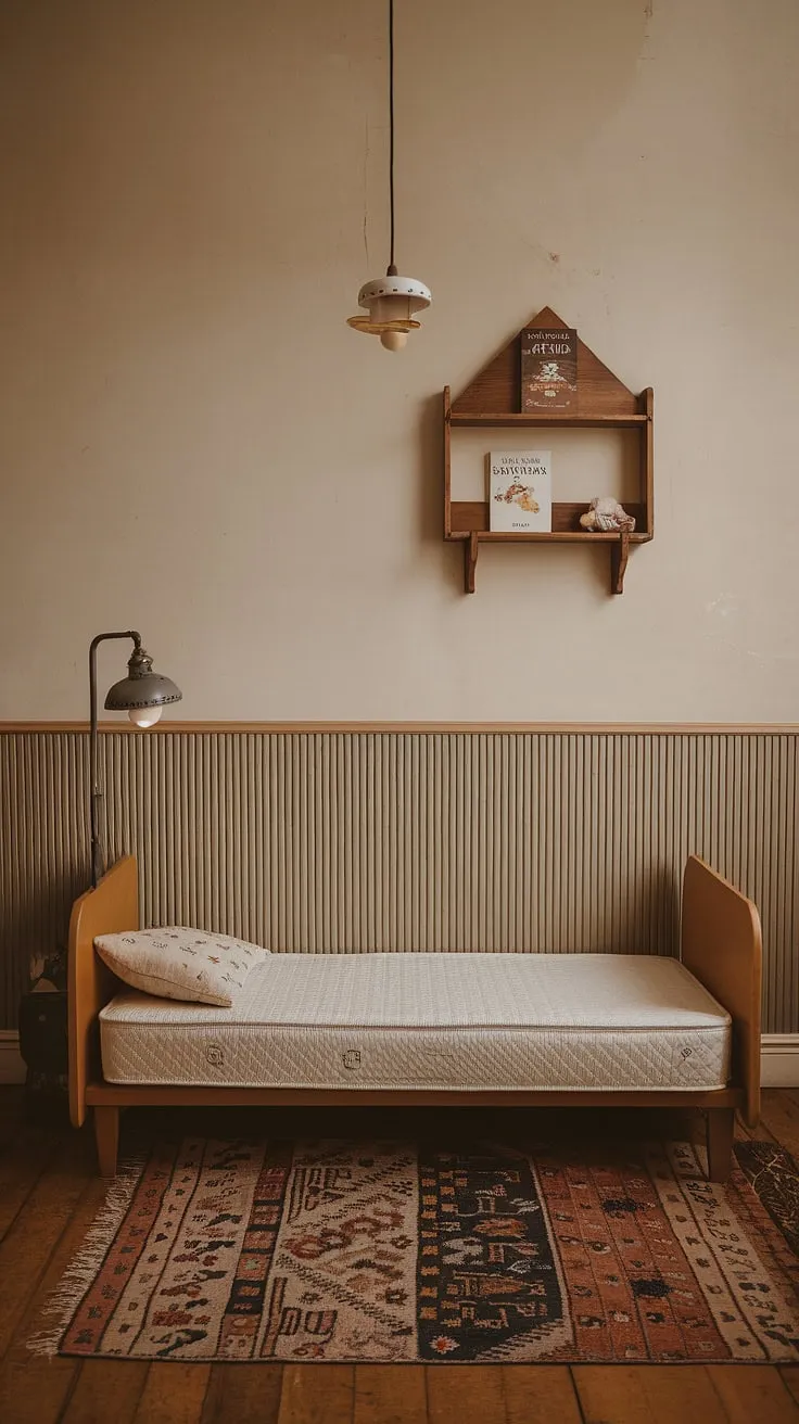 This little one's haven is a testament to timeless style. A vintage-inspired nursery, complete with a wooden bed, charming shelf, and a comforting atmosphere, promises peaceful nights and joyful days.