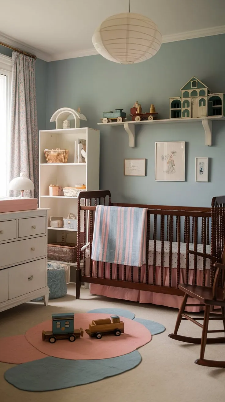 Step back in time with this charming vintage nursery, where sweet dreams are made in a crib bathed in soft blue light. The gentle rocking chair whispers stories of generations past, while vintage toys promise endless adventures. A haven of calm and nostalgia, perfectly curated for a little one's arrival. A timeless space filled with love and cherished memories.