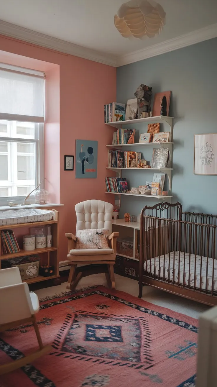 This perfectly preserved vintage nursery is a testament to timeless elegance. The soft pink and blue palette, complemented by a carefully chosen selection of antique furniture and charming décor, creates a serene and inviting atmosphere. Every detail, from the vintage crib to the well-loved books on the shelf, whispers stories of cherished memories and sweet dreams.