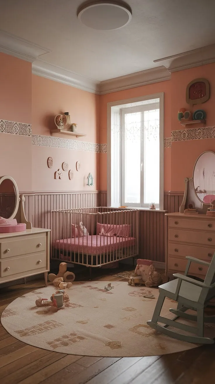Lost in the gentle glow of a bygone era, this vintage nursery is a picture of peaceful charm. The soft color palette, the antique crib, and the scattered toys tell a story of carefree days. A carefully curated collection of vintage pieces creates a cozy and inviting atmosphere, where dreams are born and memories are made. The warm light filtering through the window completes this idyllic scene, a perfect example of a nostalgic elegance.