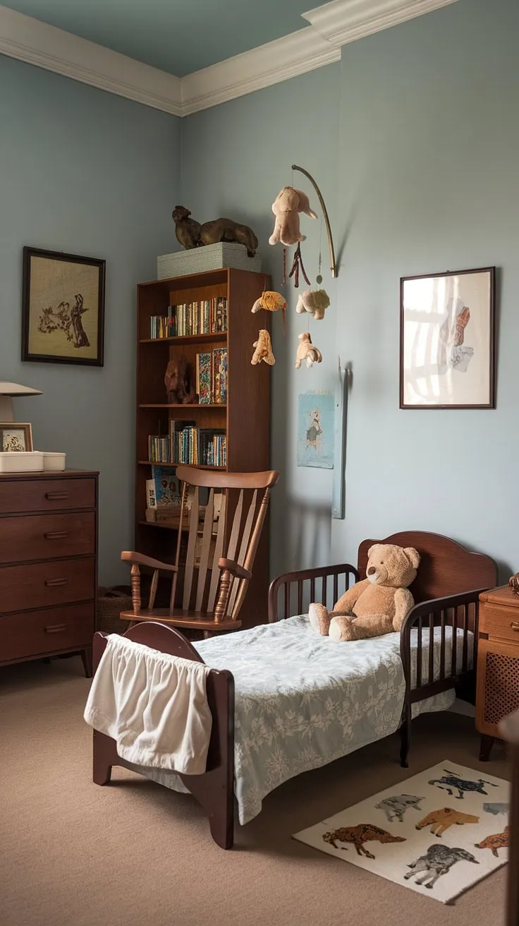 This light blue haven is more than just a nursery; it's a nostalgic escape. The vintage dresser, bookshelf brimming with stories, and rocking chair create a cozy atmosphere. A beloved teddy bear rests beside a toddler in their bed, under a whimsical animal mobile. It's a space where childhood dreams are nurtured and memories are made.