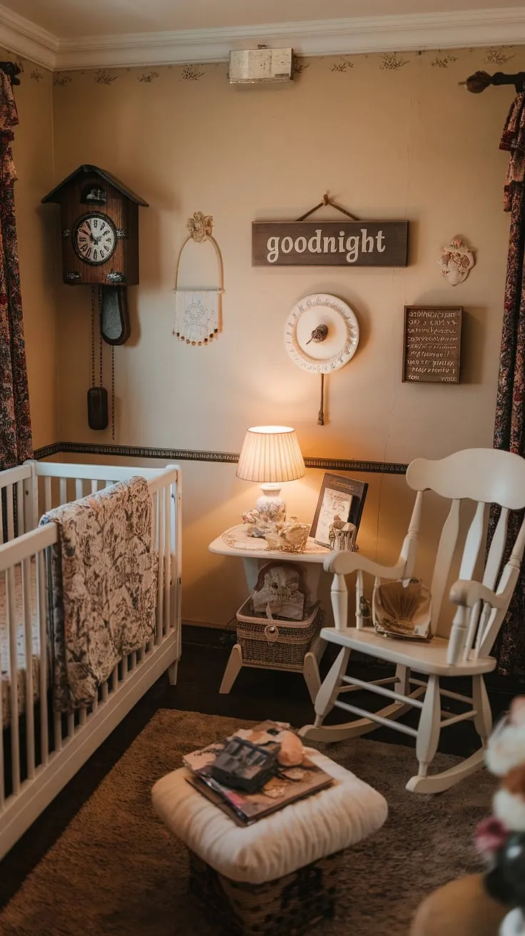 This charming vintage nursery is a picture of serene childhood. The white crib, rocking chair, and soft rug create a calming atmosphere. Sweet details like the "Goodnight" sign and a softly lit table with a book add to the room's cozy ambiance. A timeless space filled with love and gentle dreams.