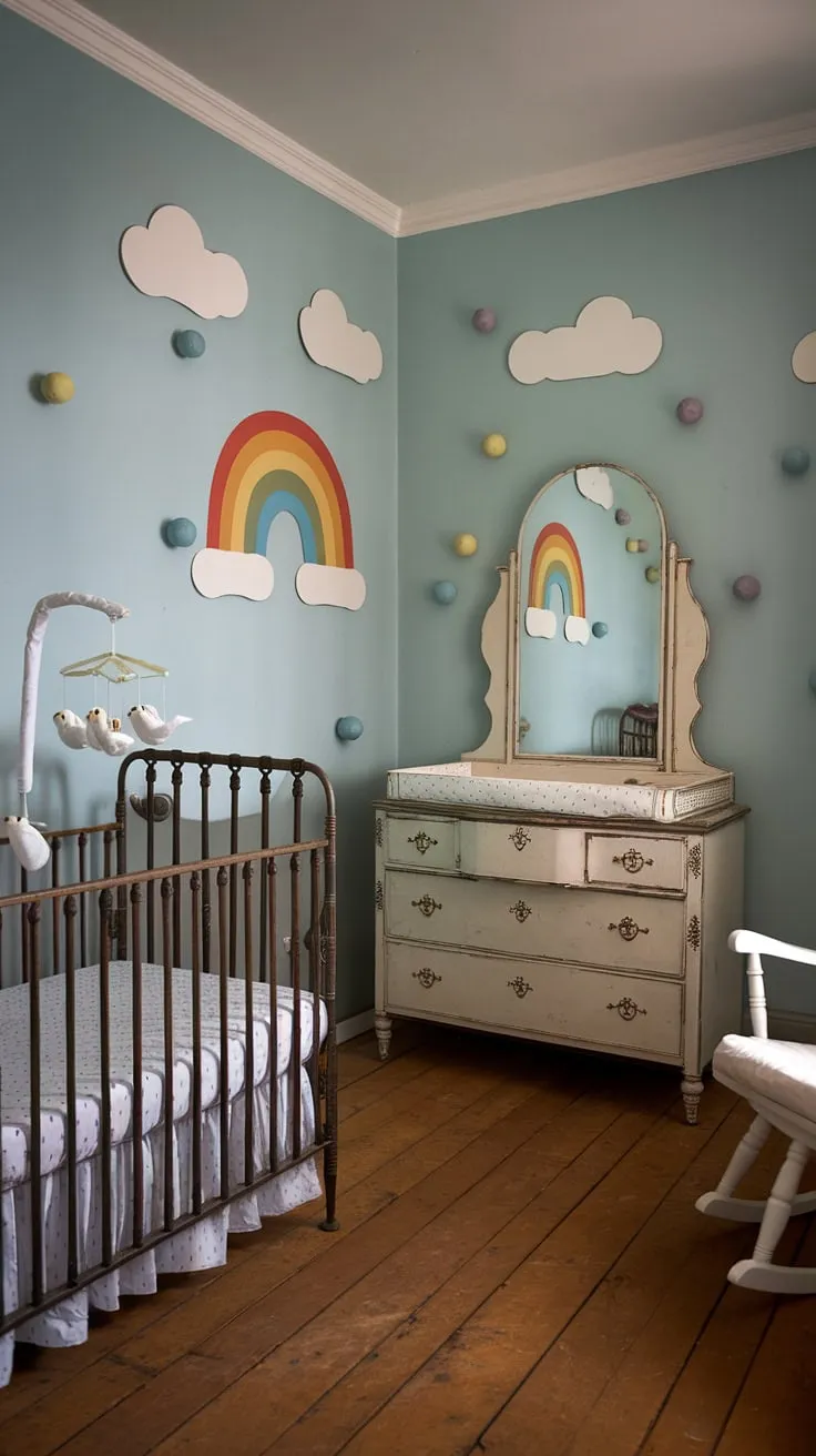 A perfectly preserved piece of childhood history. This vintage nursery, with its light blue walls adorned with clouds and playful rainbow balls, evokes a sense of tranquility and wonder. The delicate white duck mobile above the crib completes the idyllic scene, a testament to simpler times and enduring charm. A truly magical space.