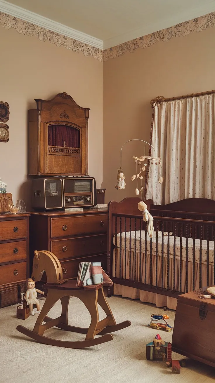 Timeless treasures and cherished memories reside in this lovingly preserved vintage nursery. A wooden crib, adorned with a whimsical mobile, stands as a silent guardian of sweet slumber, while scattered toys and a vintage radio tell tales of generations past. The gentle beige walls, adorned with delicate wallpaper, create a haven of peace and tranquility, a sanctuary where childhood dreams take flight.