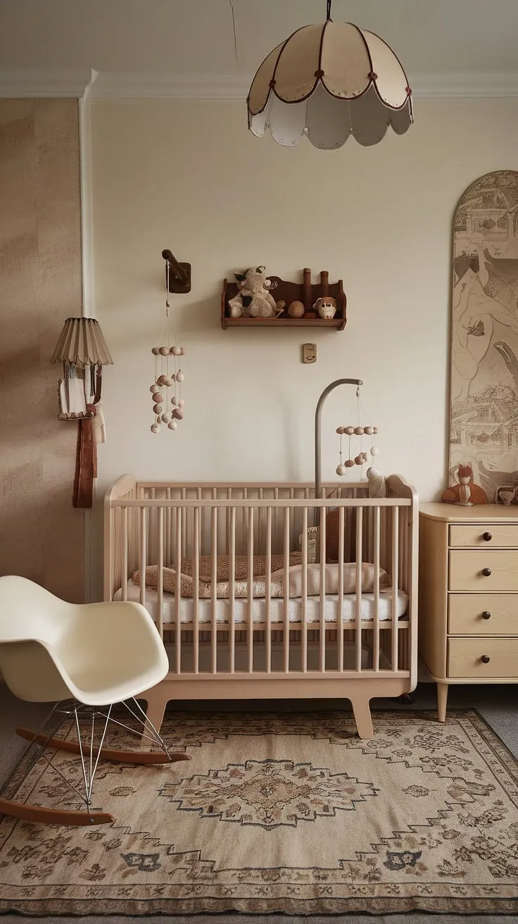 This beautifully appointed nursery is a testament to classic style. The calming beige and white palette, complemented by vintage furniture and charming details, creates a serene and inviting atmosphere for baby's first years. A perfect blend of comfort and elegance.